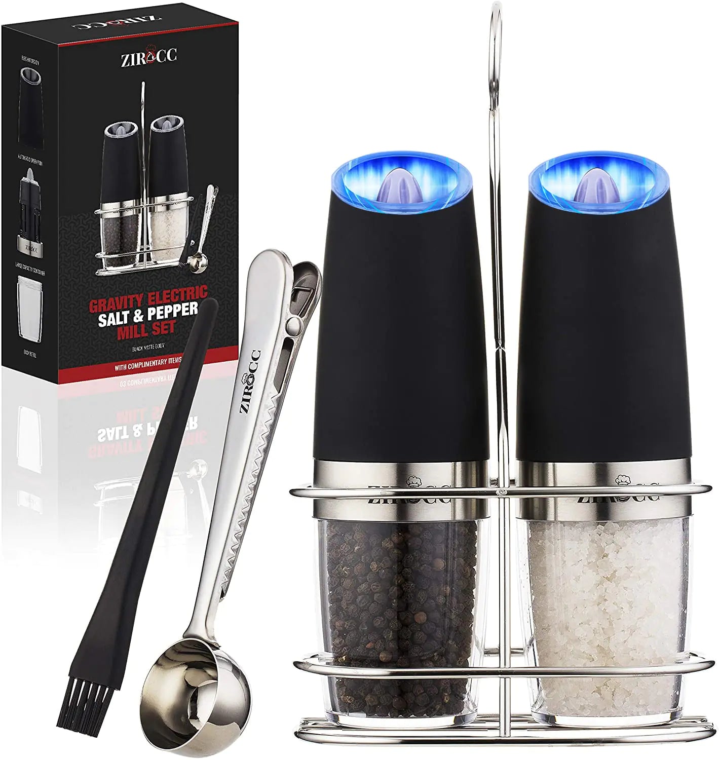 Vaelo Gravity Electric Salt & Pepper Grinder Set – 2-Pack | Auto Tilt Grind + LED Light | Adjustable Coarseness | Matte Black Finish