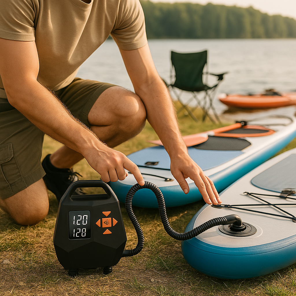 Vaelo AirCore Pro Electric Inflator — Dual-Stage 20 PSI Paddleboard & Kayak Pump with LED Display & Flashlight (12V DC)