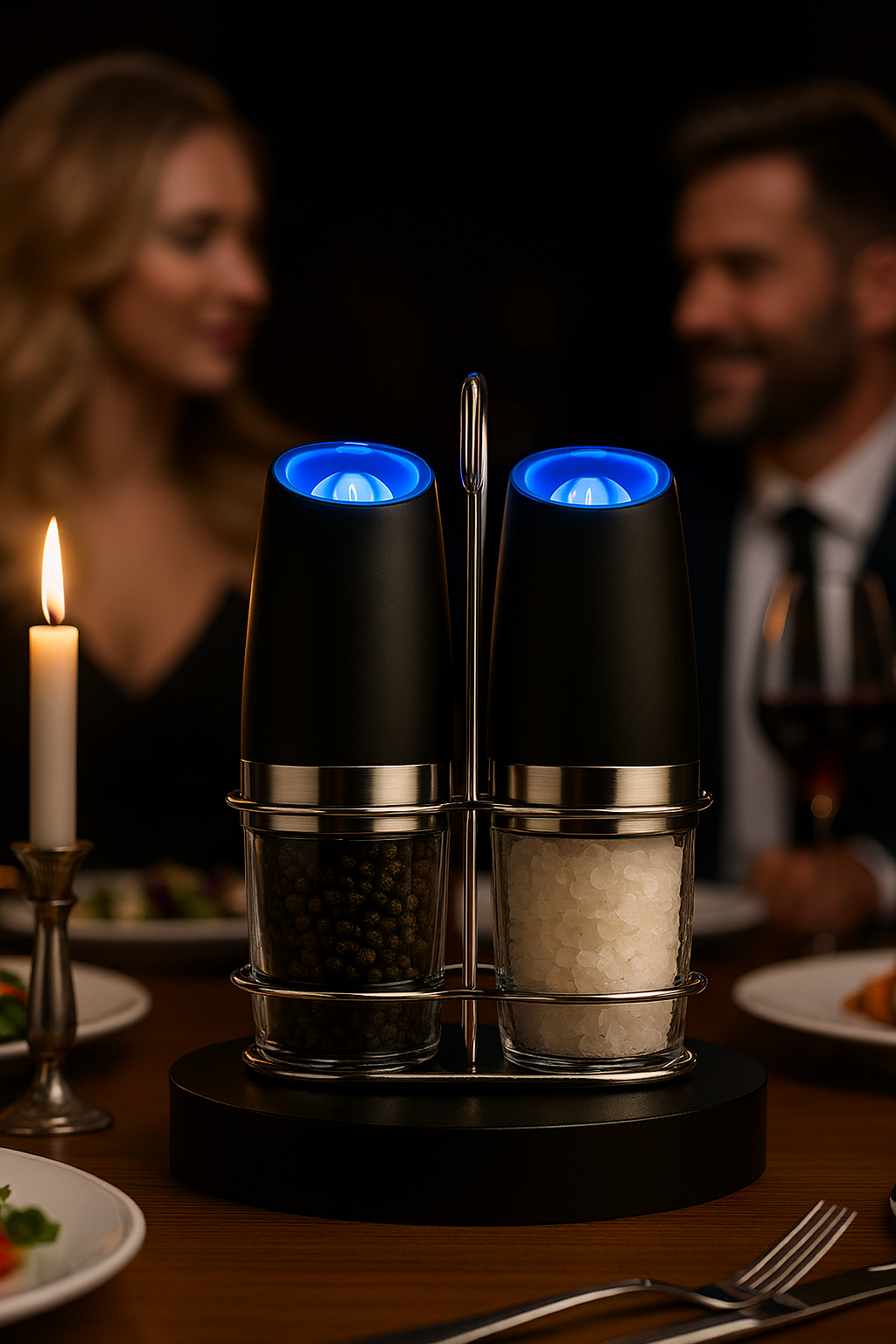 Vaelo Gravity Electric Salt & Pepper Grinder Set – 2-Pack | Auto Tilt Grind + LED Light | Adjustable Coarseness | Matte Black Finish