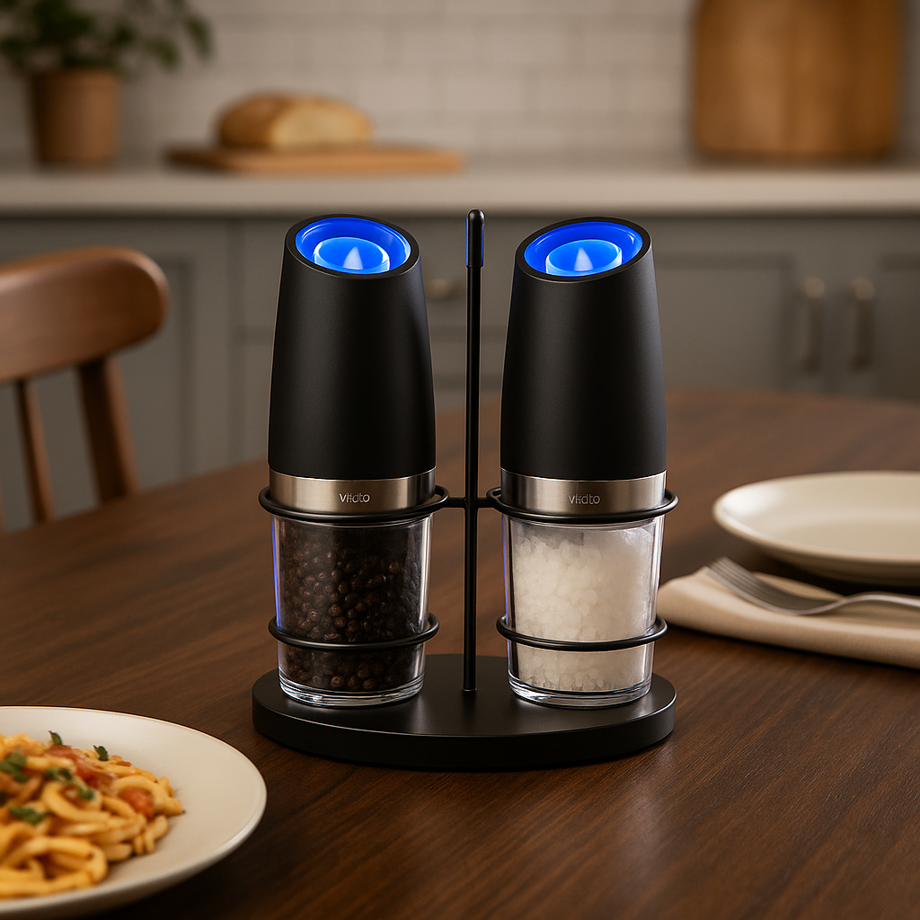 Vaelo Gravity Electric Salt & Pepper Grinder Set – 2-Pack | Auto Tilt Grind + LED Light | Adjustable Coarseness | Matte Black Finish