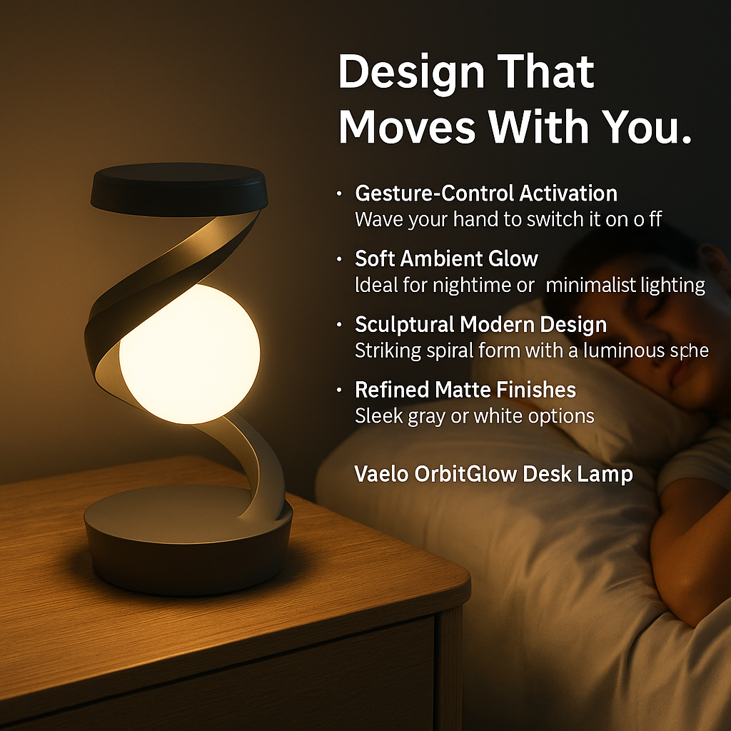 Vaelo OrbitGlow Wireless Desk Lamp — Futuristic Light. Fluid Form. Functional Power.