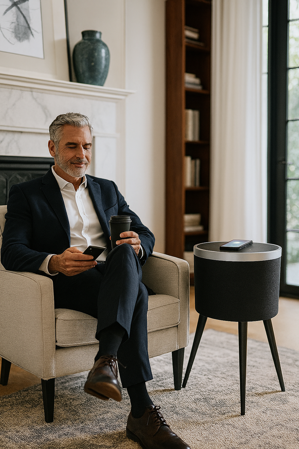 Vaelo PulseArc Smart Sound Table — 360° Bluetooth Speaker with Wireless Charging & Glass Top