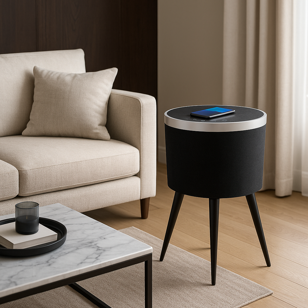 Vaelo PulseArc Smart Sound Table — 360° Bluetooth Speaker with Wireless Charging & Glass Top
