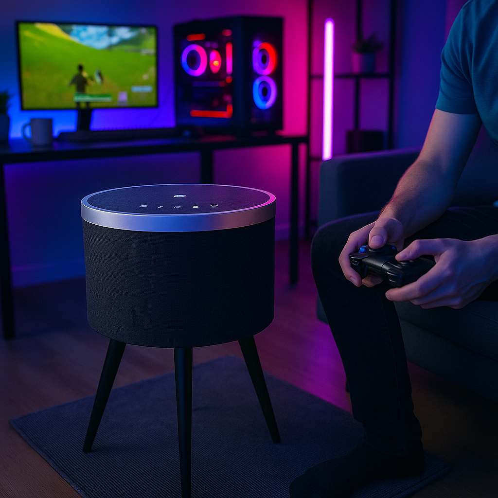 Vaelo PulseArc Smart Sound Table — 360° Bluetooth Speaker with Wireless Charging & Glass Top