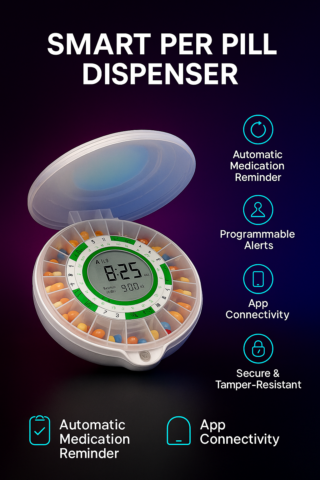 Vaelo MediTrack 28-Day Smart Pill Dispenser – Auto Reminder System with Lockable Lid, LCD Display, and Sound/Light Alerts