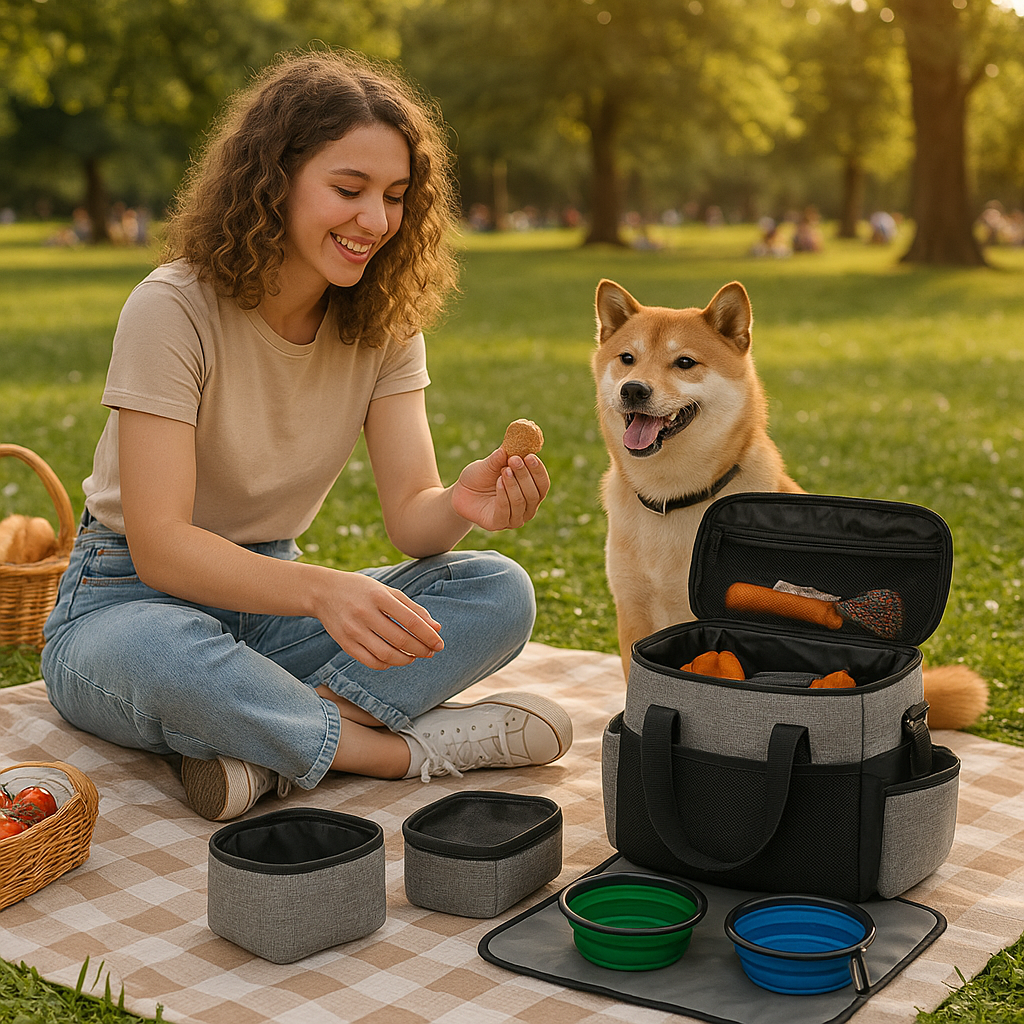 GoPaws 6-Piece Dog Travel Kit – Food Storage, Bowls, Placemat & Essentials Bag