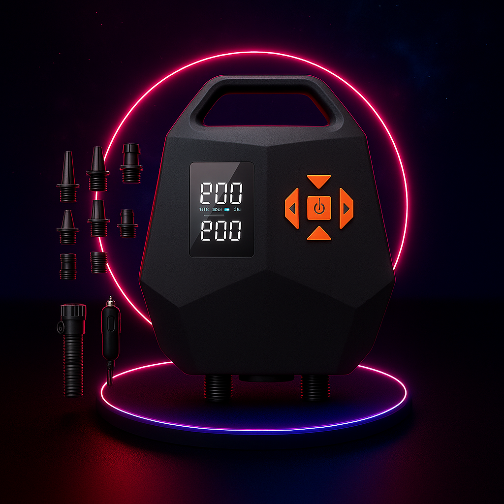 Vaelo AirCore Pro Electric Inflator — Dual-Stage 20 PSI Paddleboard & Kayak Pump with LED Display & Flashlight (12V DC)