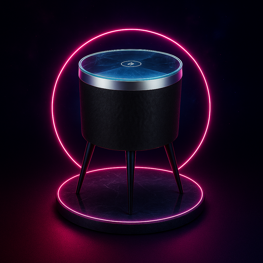 Vaelo PulseArc Smart Sound Table — 360° Bluetooth Speaker with Wireless Charging & Glass Top