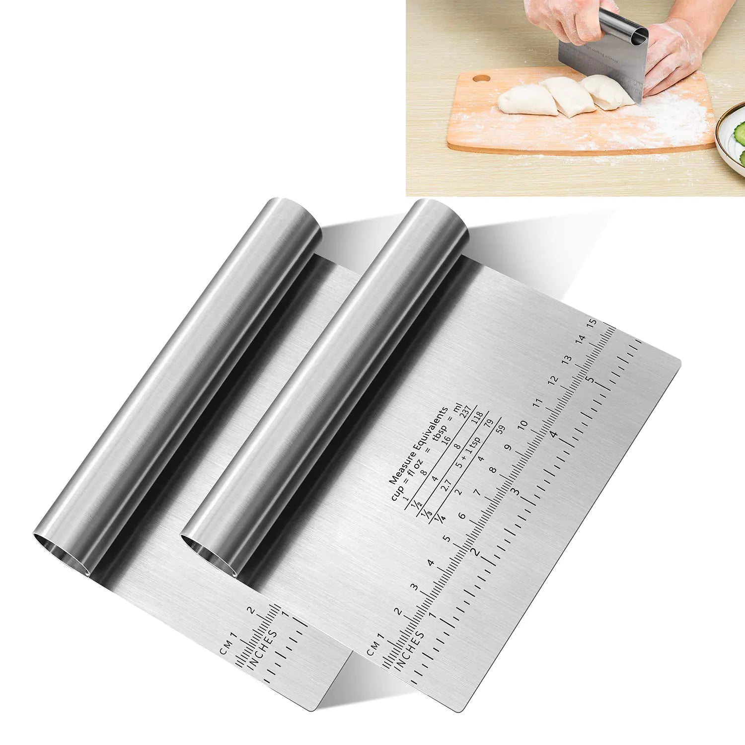 Vaelo Precision Dough & Pastry Scraper – Stainless Steel Cutter Set with Measurement Guide (2PCS)