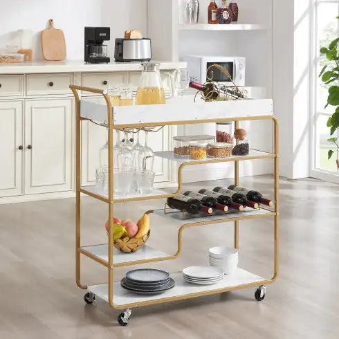 Vaelo 6-Tier Gold Bar-Cart with Wine & Glass Rack