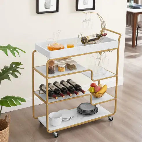 Vaelo 6-Tier Gold Bar-Cart with Wine & Glass Rack