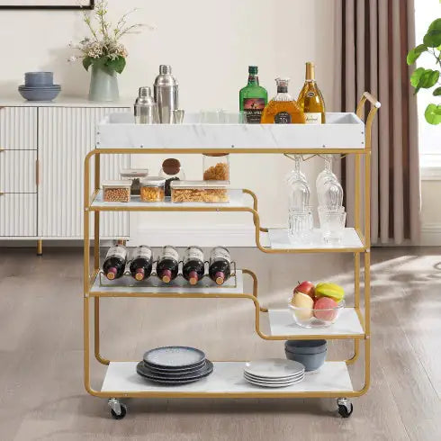 Vaelo 6-Tier Gold Bar-Cart with Wine & Glass Rack
