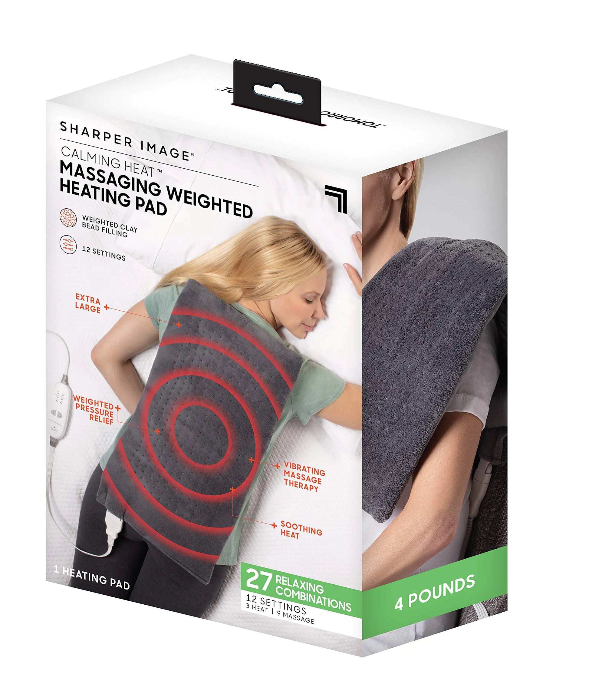 Sharper Image Calming Heat Weighted Heating Pad – Massaging, Electric, XL (12” x 24”) with 27 Relief Modes